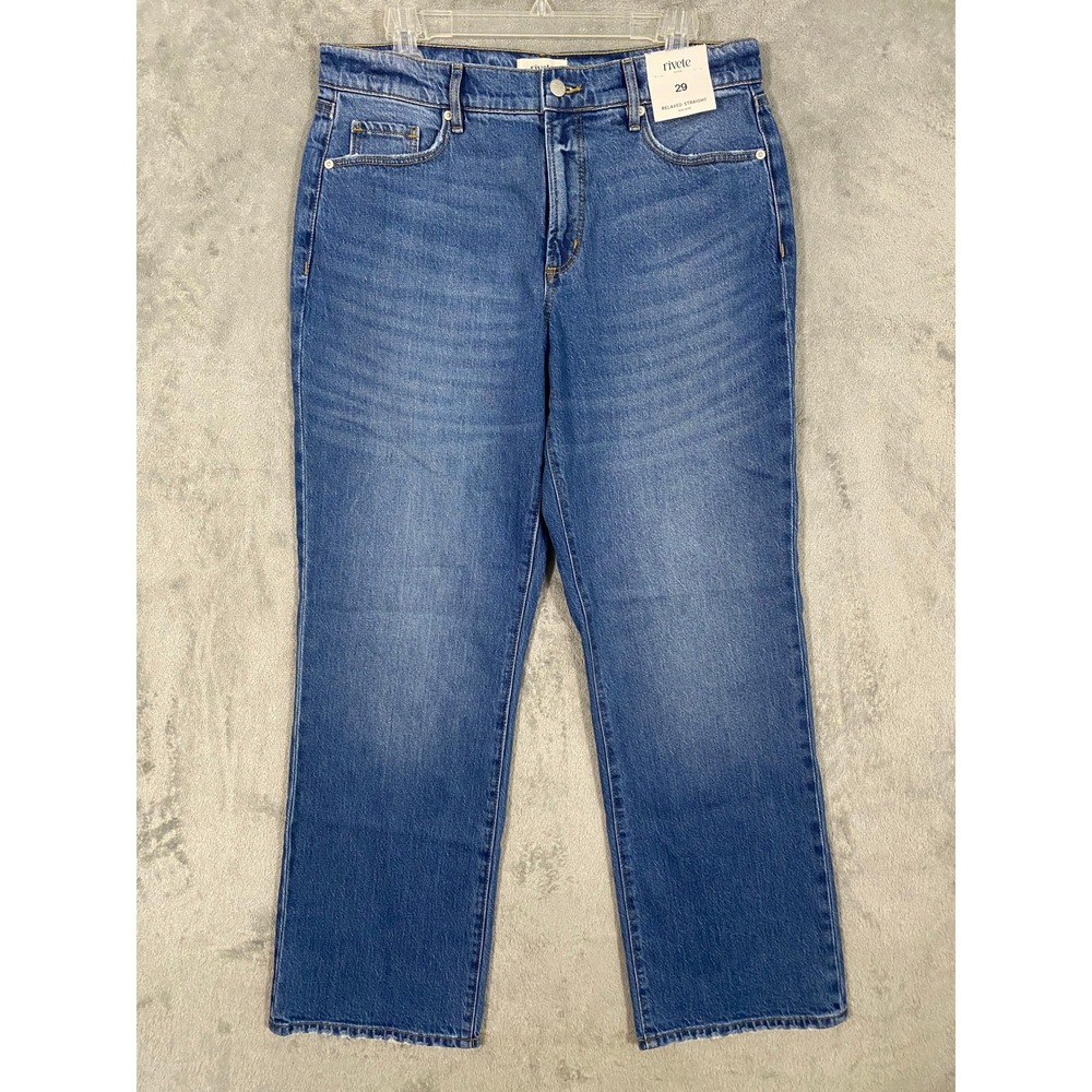 Loft Rivete Denim Jeans Sz 29 Blue Relaxed Straight Mid Rise Medium Wash NWT